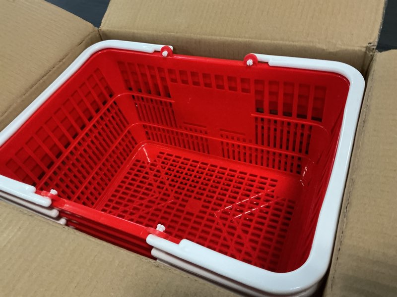 Condition photo showing Good Condition for vevor shopping baskets, 4 pcs, 21l stackable pe plastic grocery baskets with handles, dense mesh structure, holds up to 20 lbs, portable for grocery, retail, stores, supermarket, home use, red