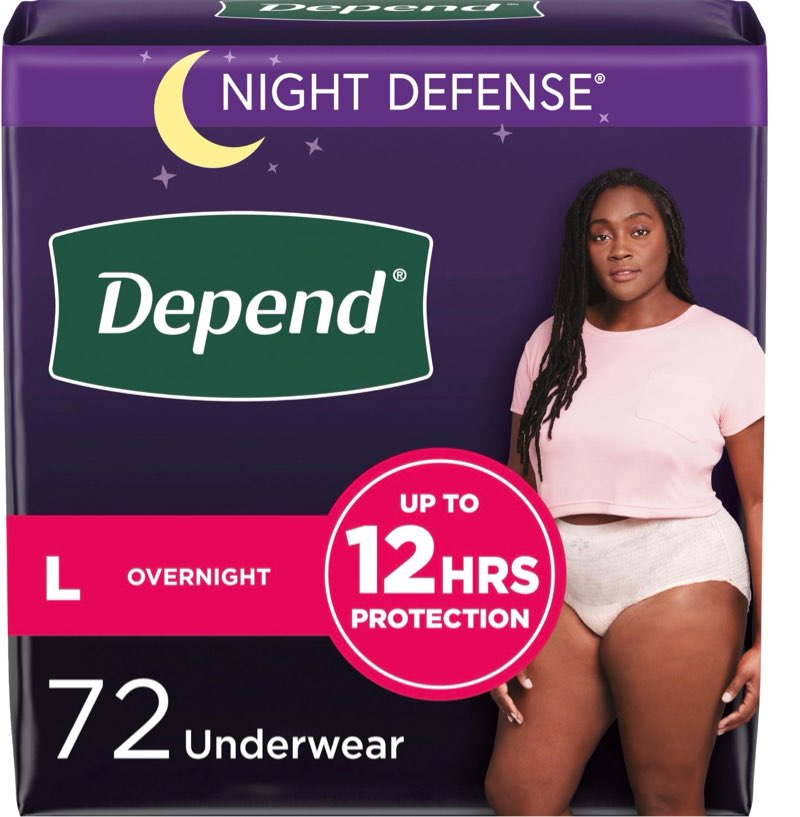 Depend Night Defense Adult Diapers, Incontinence & Postpartum Bladder Leak Underwear for Women, Disposable, Overnight, Large, Blush, 72 Count, Packaging May Vary