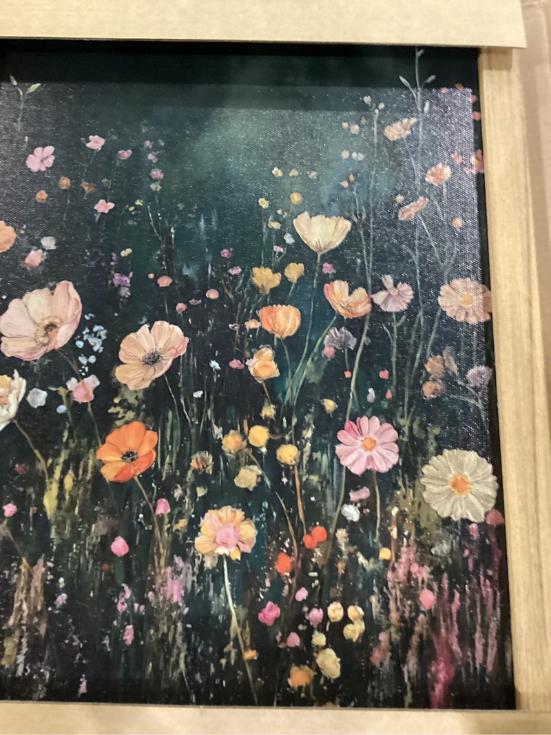 Condition photo showing Good Condition for vintage spring wildflower framed wall art dark blue floral prints 12x16 in | spring green botanical prints, rustic country flower painting, neutral farmhouse artwork for gallery living room decor