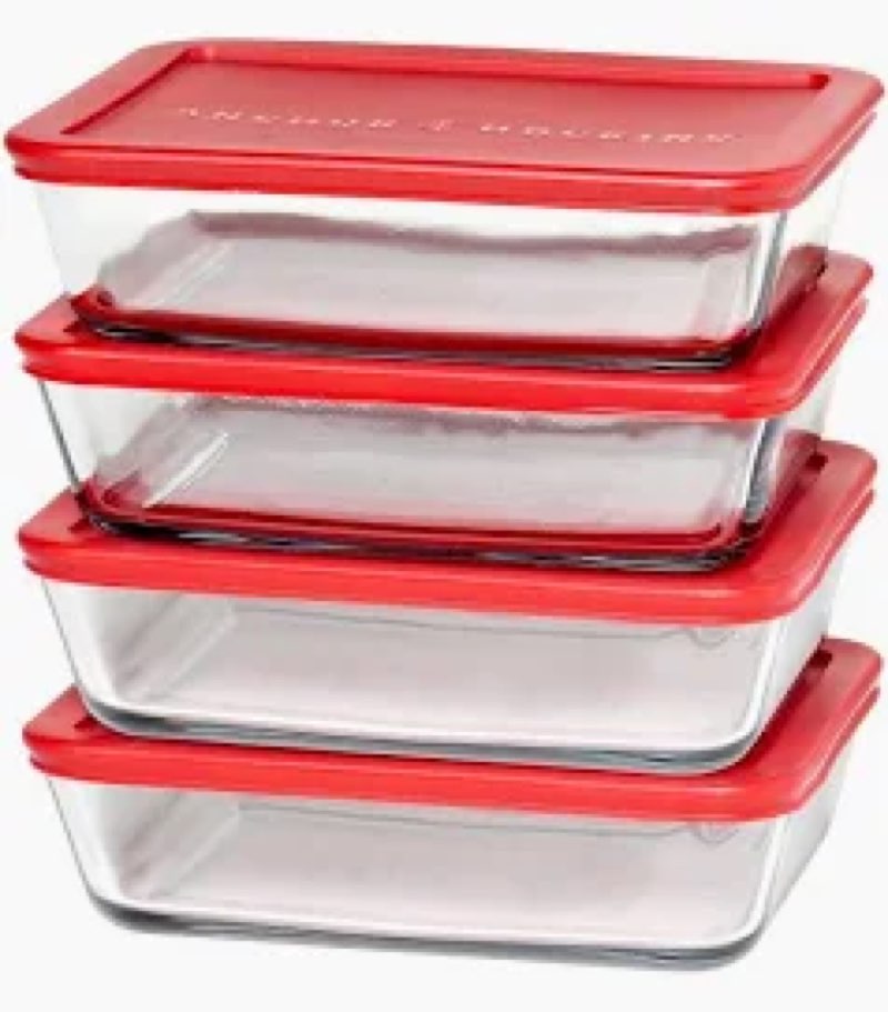 Anchor Hocking SnugFitTM Rectangular Food Storage Containers with Lids (4-Piece, 6-cup, Red, oven-sa