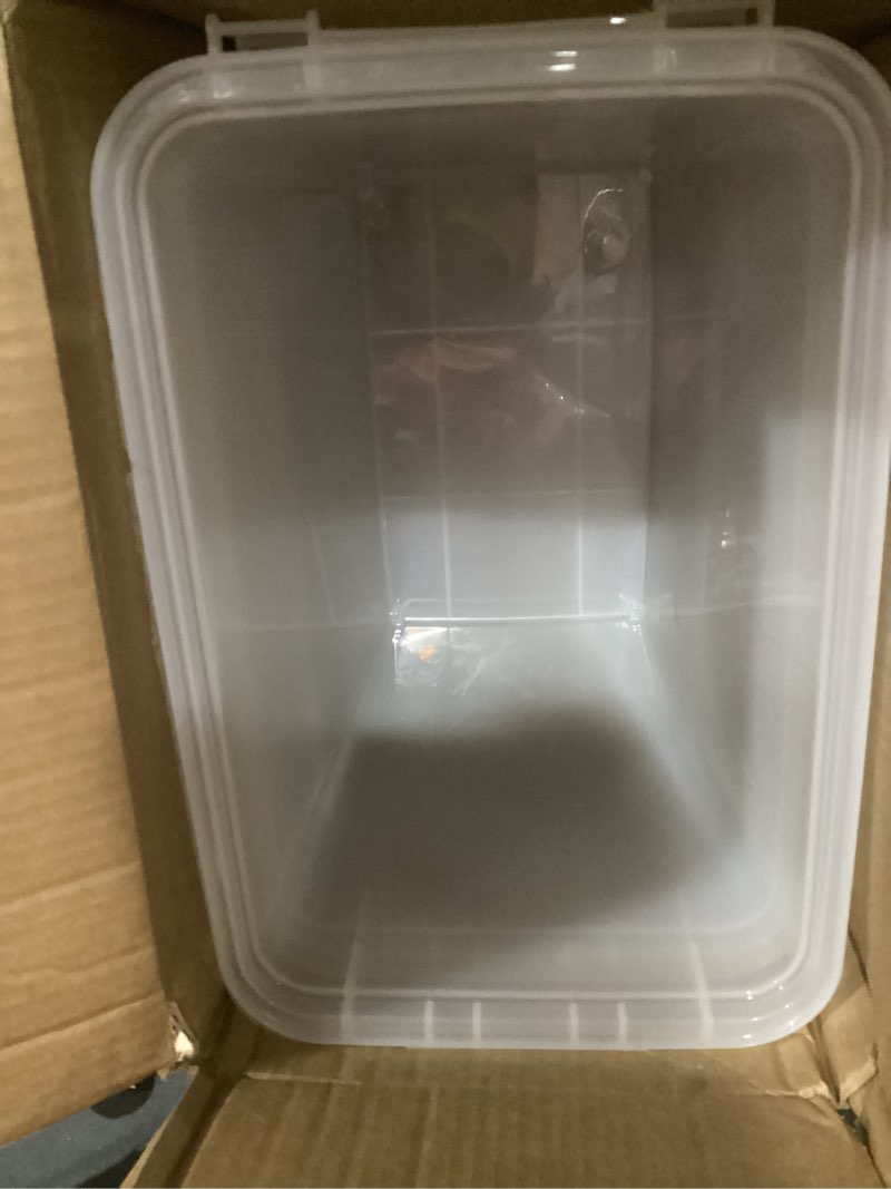 Condition photo showing As Is for iris usa dog food storage container, 2 pack, up to 30 lbs each, airtight seal for freshness, wheels for rolling, easy one hand opening, made in usa, bpa free, clear/black 30 lbs - 2 pack black