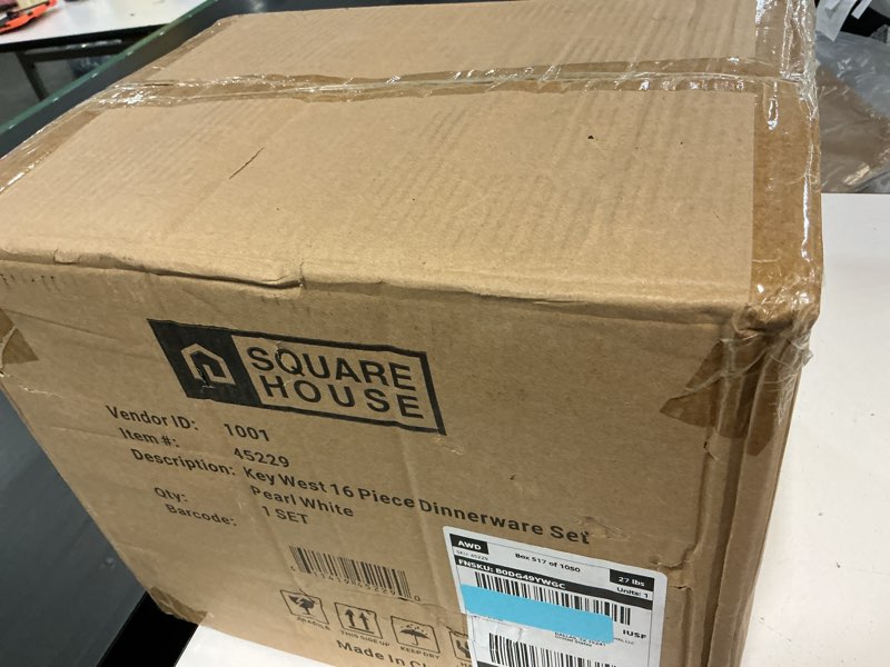 Condition photo showing New/Like New for square house 16 piece dinnerware set key west - plates, bowls, and mugs set for 4 - chip and scratch grey