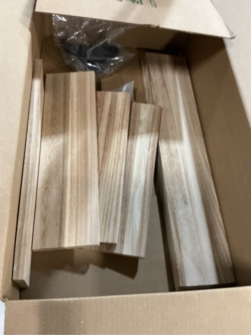 Condition photo showing As Is for AMADA HOMEFURNISHING Wall Shelves Set of 6, Wood Floating Shelves for Wall Decor, Rustic Farmhouse Wall Shelves for Bedroom, Bathroom Shelves for Wall Storage, Book Shelves for Living Room, Wooden (SIMILAR NO SAME)