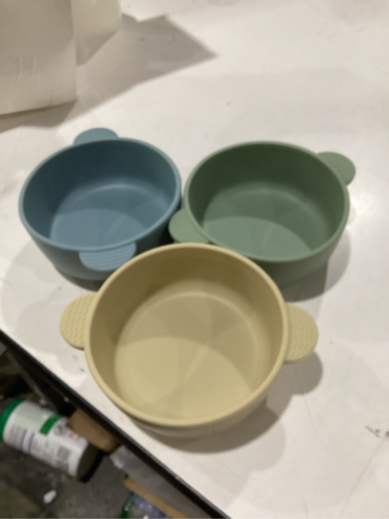 Condition photo showing New/Like New for Baby Bowls with Suction, 3 Pack Baby Led Weaning Supplies, Soft Silicone Food Bowl for Babies Kids Toddlers, BPA Free, Microwave and Dishwasher Safe, Multicolor Blue