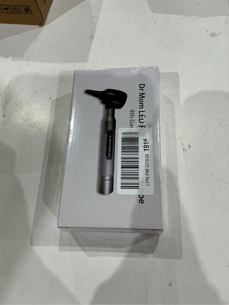 Condition photo showing New/Like New for 4th generation doctor mom led pocket pro otoscope with both adult and pediatric disposable specula tips, battery, and protective hard plastic case silver