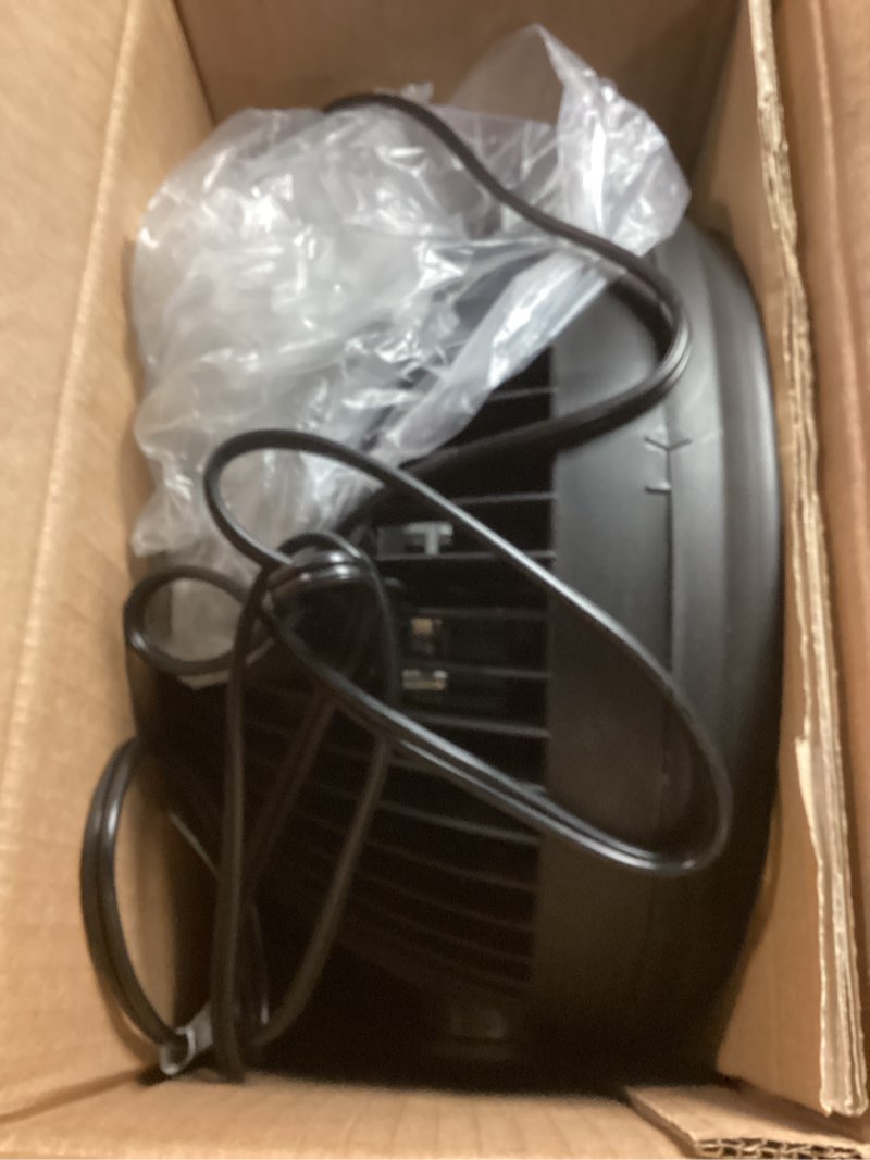 Condition photo showing Good Condition for amazon basics air circulator fan, desk fan for bedroom, home and office, with 90-degree tilt head, 3 speed settings, lightweight (3 lbs), 35 watts, black, 11.1"w x 6.3"d x 10.9"h