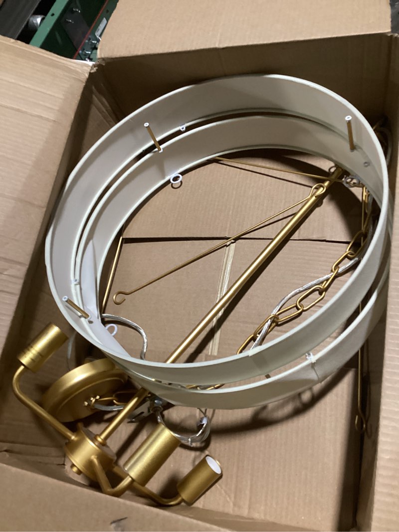 Condition photo showing As Is for 4-Light Rustic Drum Chandelier for Foyer, Gold Pendant Light Fixture with Fabric Shade, Modern Farmhouse Chandelier for Dining Room Entryway Bedroom