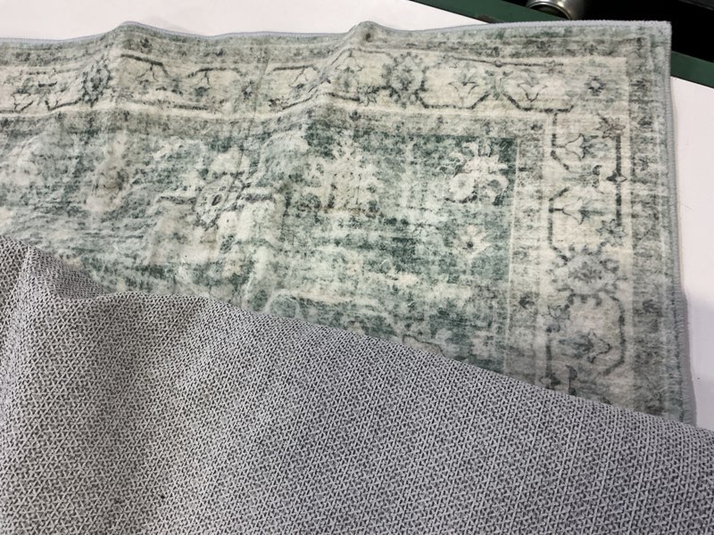 Condition photo showing As Is for livebox washable 2x6 runner rug for bathroom, non slip kitchen mats for floor entryway, boho indoor front door mat low-pile runners for hallways, farmhouse rugs for laundry, sage green 2'x6' sage green