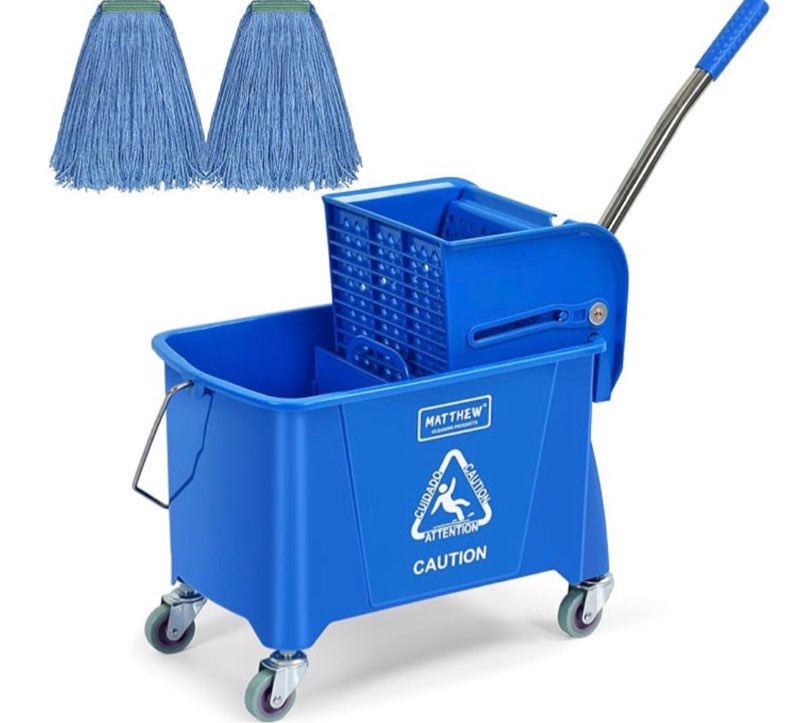 MATTHEW Cleaning Blue 22Quart Compact Mop Bucket INCL.2 Pcs Mop Head with Side Press Wringer On Wheels,Tandem Portable Floor Cleaning Wavebrake,Ideal for Household,Industrial,Restaurant,Janitorial Use