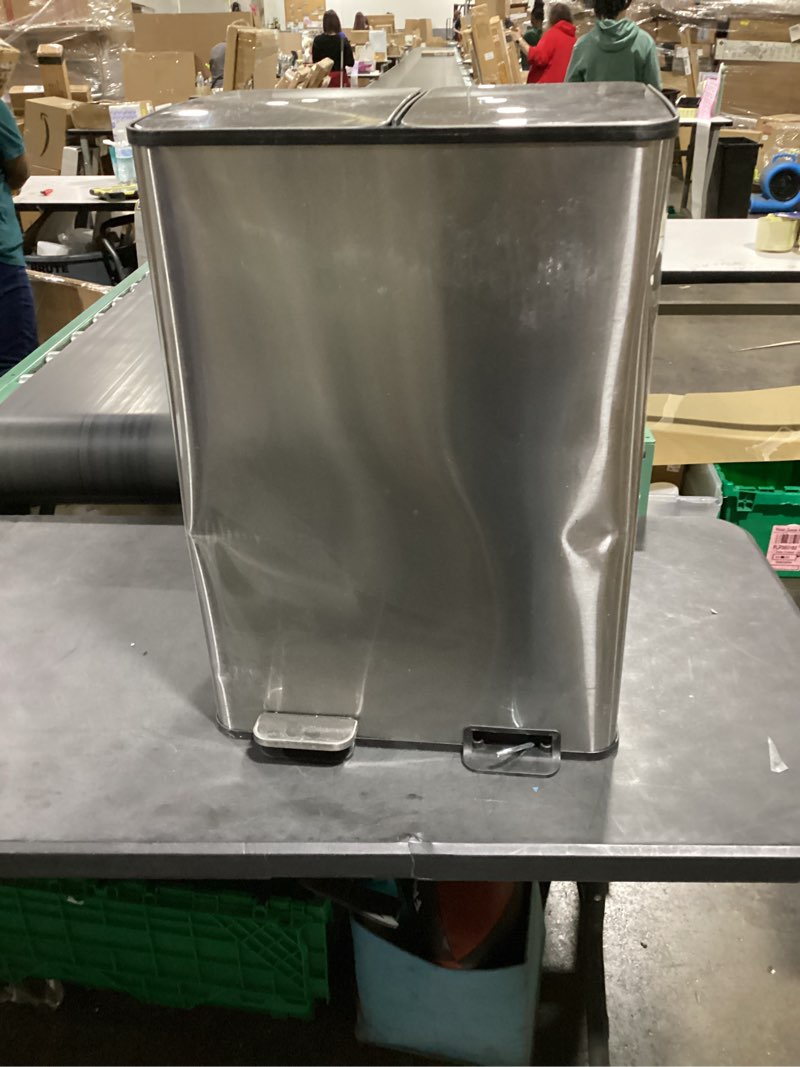 Condition photo showing As Is for garveehome 2 x 8 gal stainless steel double trash can with lid for kitchen, large dual trash and recycle bin combo, step-on kitchen metal garbage cans, pp inner buckets, liner rim, silver silver 2 x 8 gallon