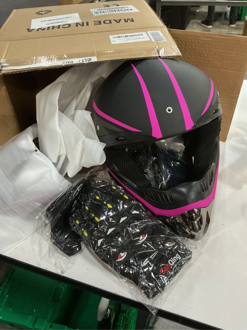 Condition photo showing New/Like New for youth kids motocross helmet, adult atv dirt bike helmet, off-road bmx 4-wheeler full face motorcycle helmet w/goggles gloves & mask, dot approved, pink, m pink medium