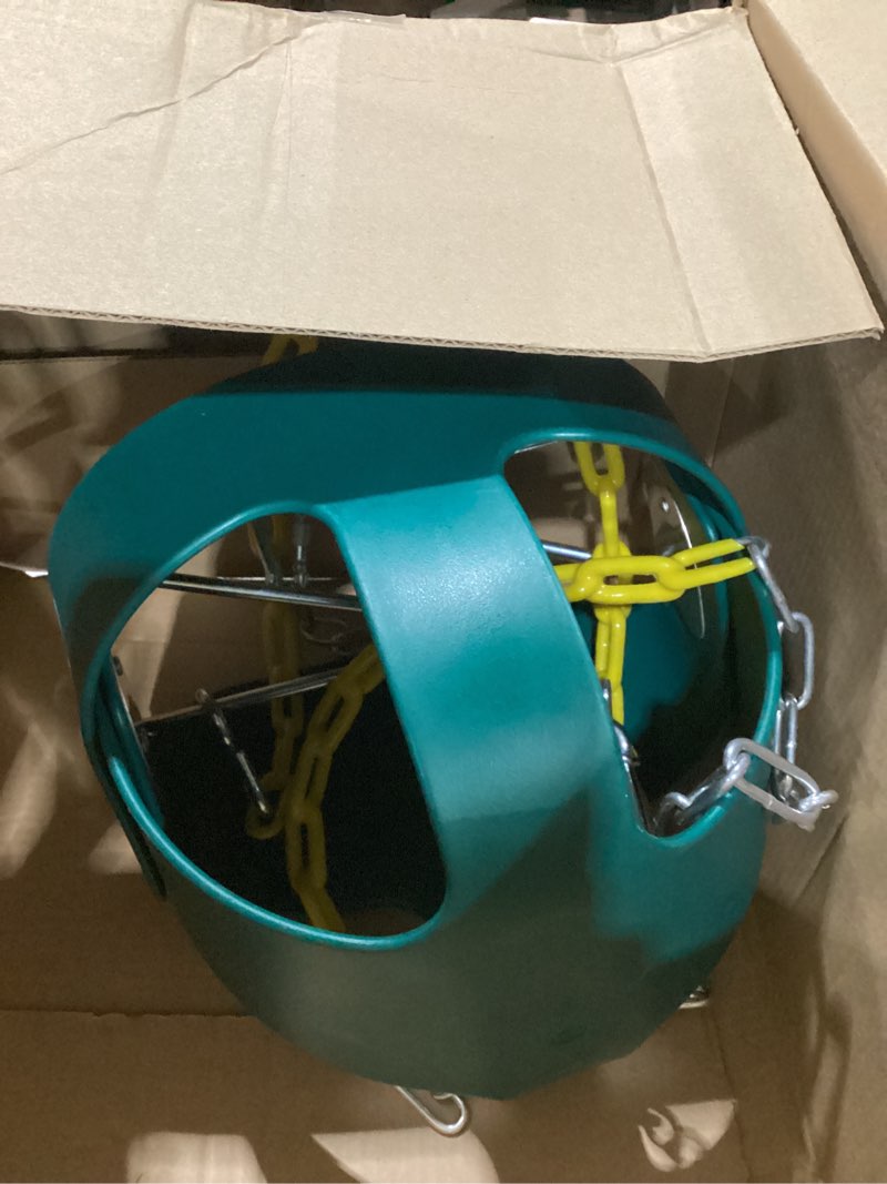 Condition photo showing As Is for high back full bucket toddler swing seat with yellow coated chains fully assembled baby swing set accessories green no cushion