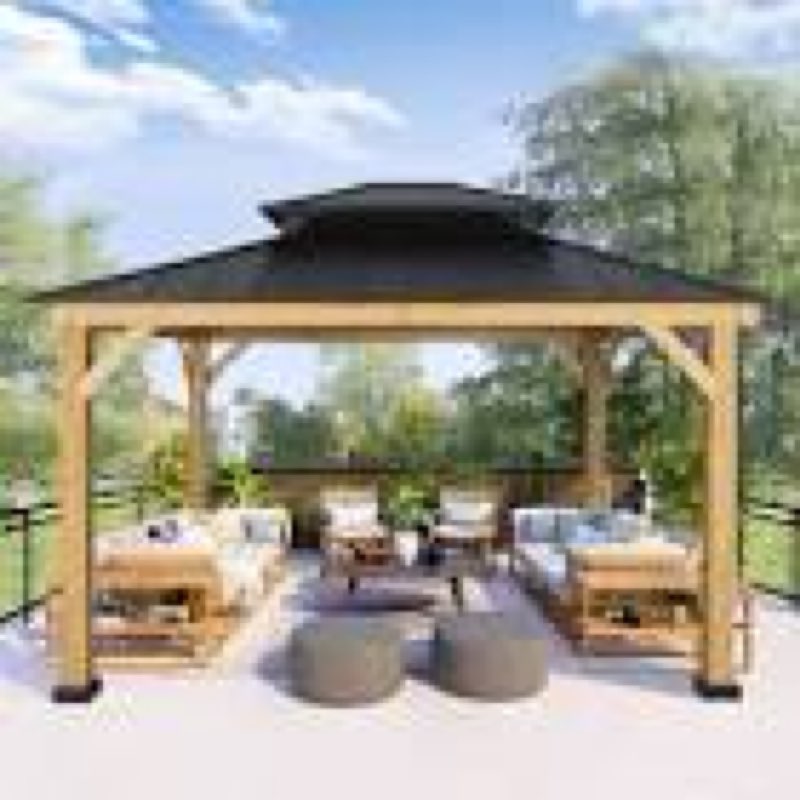 ((Incomplete box 3 of 4)) 11 ft. x 13 ft. Spruce Wood Frame Hardtop Outdoor Patio Gazebo with Galvanized Steel Roof and Ceiling Hook