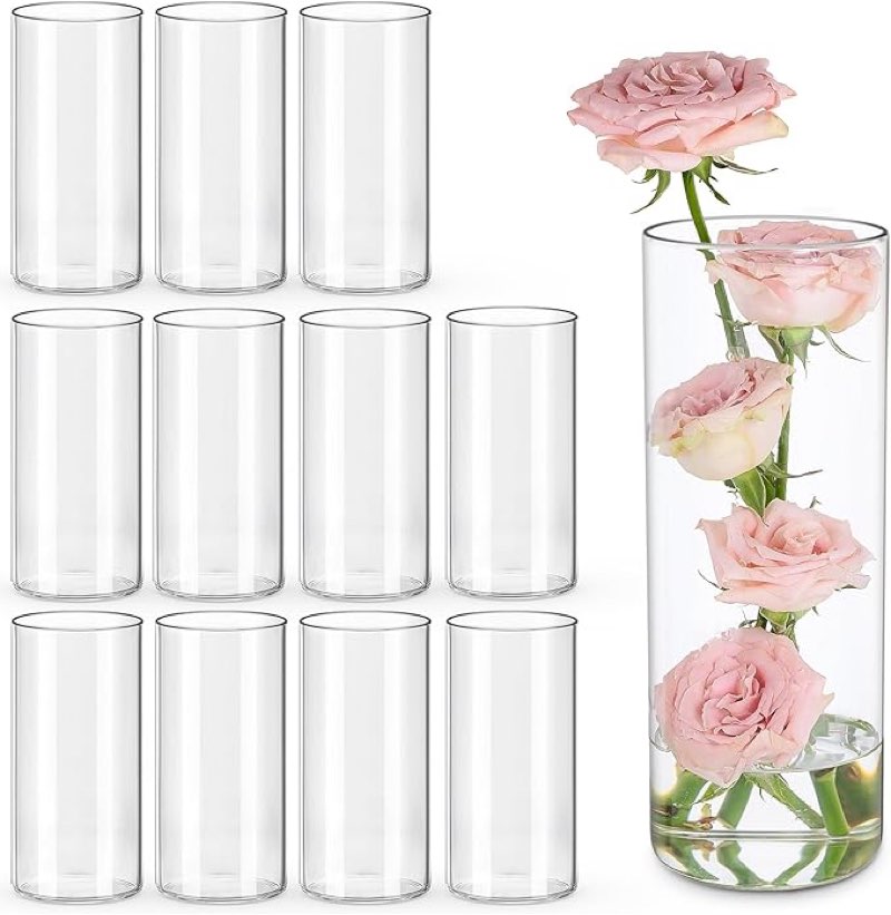 upbud 12pcs glass cylinder vases for centerpieces | 8 inch clear flower vase for wedding decorations, floating candle vases for dinner table, bridal shower, office home décor