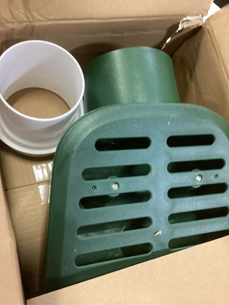 Condition photo showing New/Like New for 4in. grate yard drain, yard drain emitter for sump pump discharge & downspout extensions, 10" w x 11.5" l x 4.7" h, protects foundation, prevents standing water – includes 3" & 4" sch 40 pipe adapter