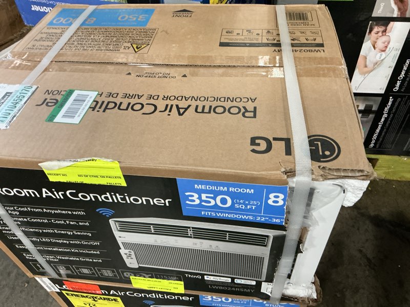 Condition photo showing As Is for 8,000 btu, 115 volts, window smart air conditioner cools 350 sq. ft. with remote, wifi enabled in white