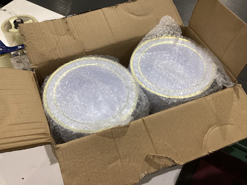 Condition photo showing Good Condition for beststar 100 pack disposable soup bowls with gold rim, 12oz premium heavy duty plastic dinner bowls for party, wedding and holiday gold 100pack