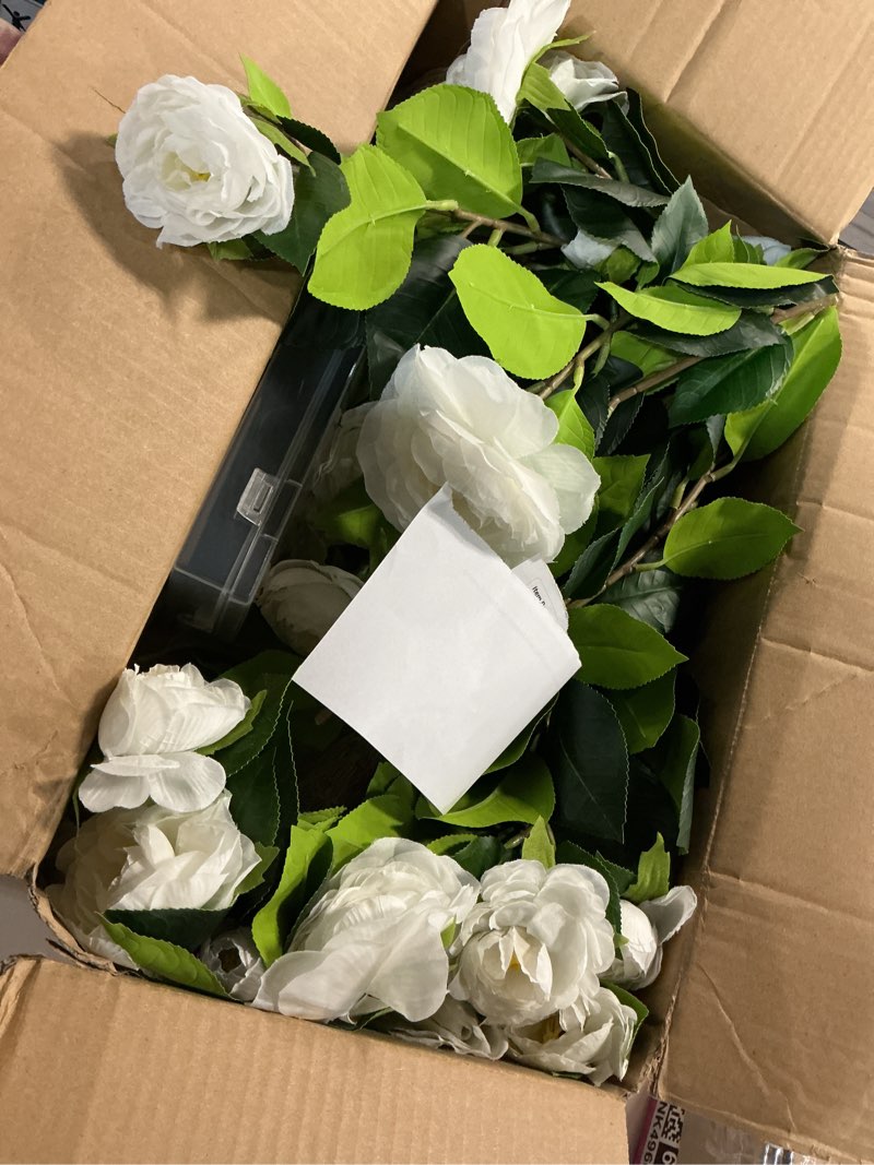 Condition photo showing Good Condition for 2 pack 3ft artificial camellia plants tree 36" faux camellia flower with spike uv resistant realistic fake floral blooming bush for indoor outdoor front door porch backyard garden, white 3 ft white 2