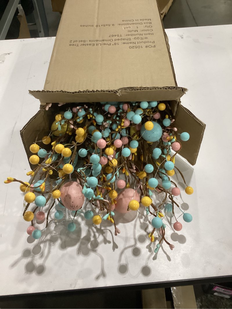 Condition photo showing As Is for nearly natural 18in. pre-lit artificial easter egg twig tree with 30 led lights in burlap wrapped base - set of 2