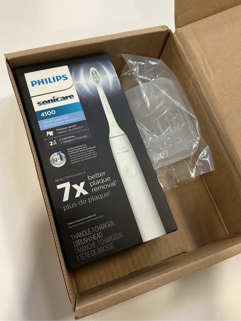 Condition photo showing New/Like New for Philips Sonicare 4100 Rechargeable Electric Toothbrush, with Pressure Sensor, 2 Intensity Settings, SmarTimer and QuadPacer, 14-Day Battery Life, White, Model HX3681/23 1 Count (Pack of 1) White