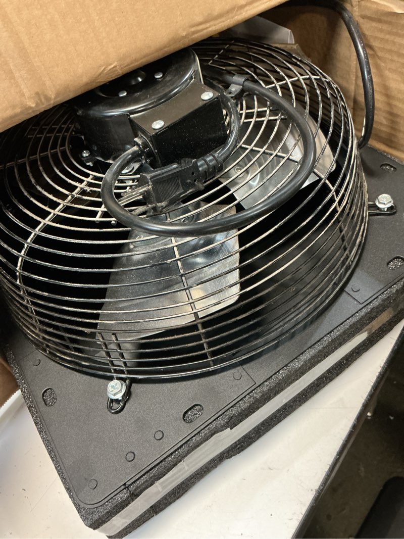 Condition photo showing As Is for vevor 12 inch exhaust fan, wall mounted attic fan with variable speed, temperature & humidity controller, 1500 cfm, automatic shutter 2025v-blk 12 inch