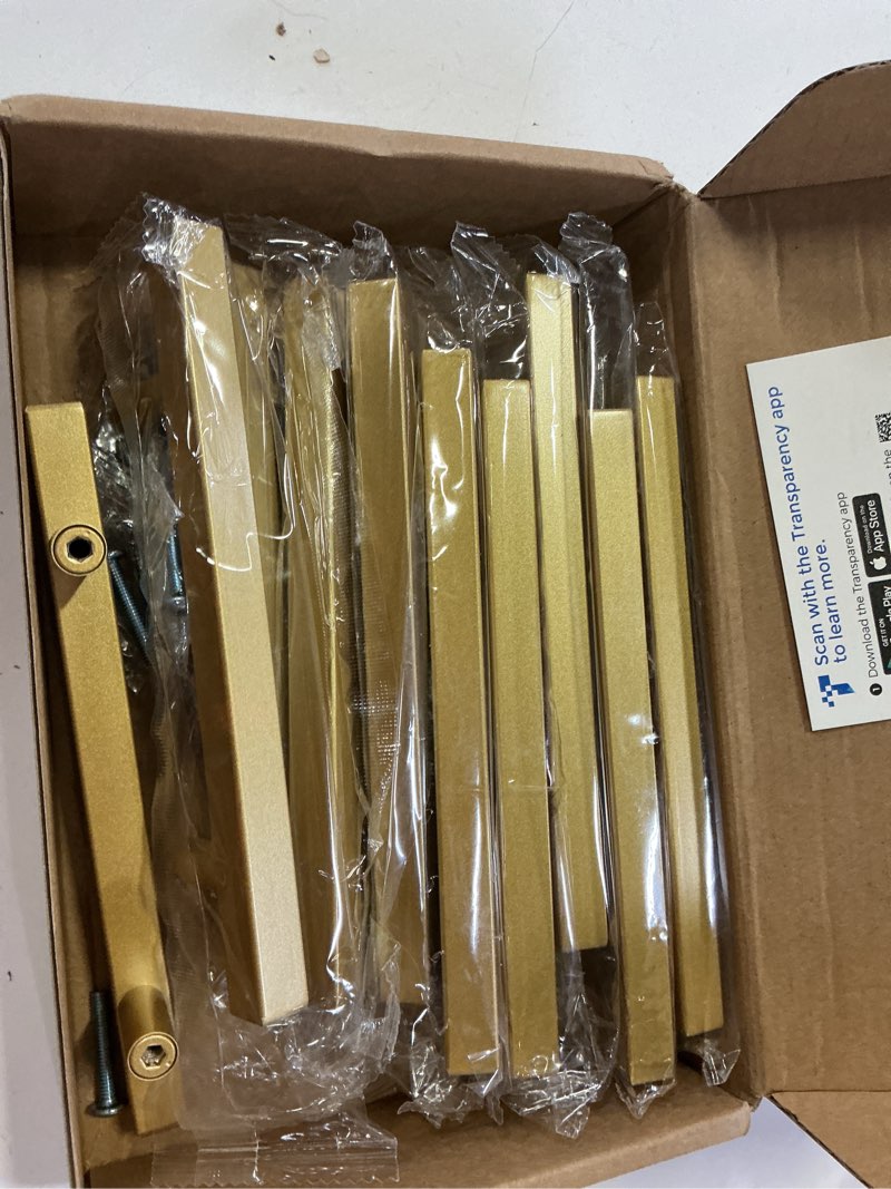Condition photo showing Good Condition for ravinte 10 pack brass 4 inch hole center champagne gold handles square cabinet hardware stainless steel pulls for kitchen cupboard drawers 6-3/8 inch overall length 4" hole center 10