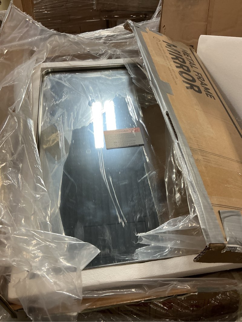 Condition photo showing Good Condition for matte black metal framed vanity rounded rectangle bathroom 24x32 inch mirrors for over sink wall,modern decorative for restroom, anti-rust aluminum alloy mirror, horizontally or vertically hanging black 24"l x 32"w