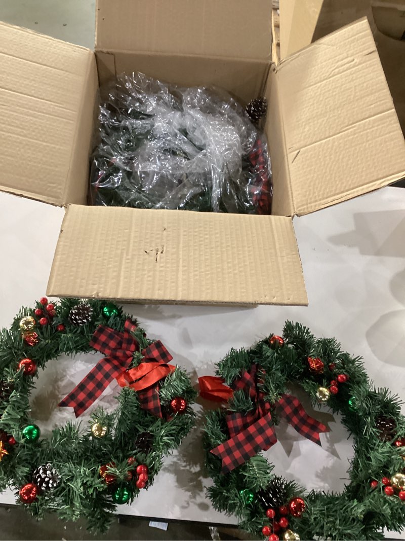 Condition photo showing New/Like New for Ceenna 8 Pcs Lighted Christmas Wreath 14 Inch Pre Lit Artificial Christmas Wreath with Battery Operated LED Light and Timer for Xmas Front Door Outdoor Window Holiday Party Decor(Plaid Bow)