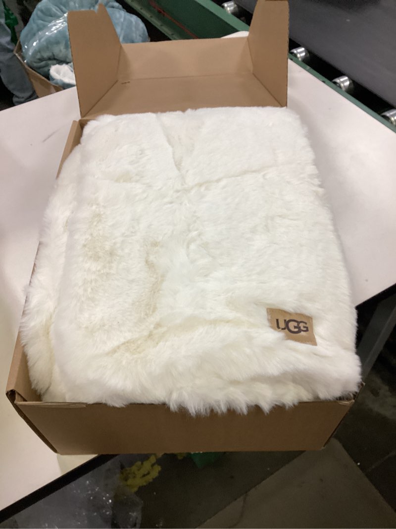 Condition photo showing New/Like New for UGG Euphoria Faux Fur Throw Blanket, Warm Fluffy Throw for Couch or Bed, Luxury Bedroom Decor, Fluffy Blankets, Machine Washable, 50-inch x 70-inch, White Snow White Throw