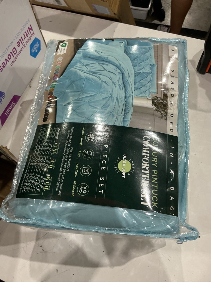 Condition photo showing Good Condition for elegant comfort cozy and soft 8-piece bed-in-a-bag all season comforter set, includes 4pc smart sheet set, bed skirt, comforter, matching pillowcases and shams, pintuck design, full/queen, aqua pintuck design full/queen aqua