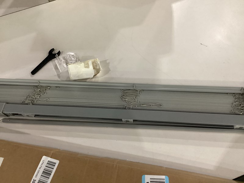 Condition photo showing As Is for lazblinds no drill blinds for indoor windows, cordless 1" vinyl mini blinds, privacy s-curve blinds for windows, room darkening horizontal window blinds and shades for home, 30 1/2" w x 64" h, grey grey 30.5" w × 64" h