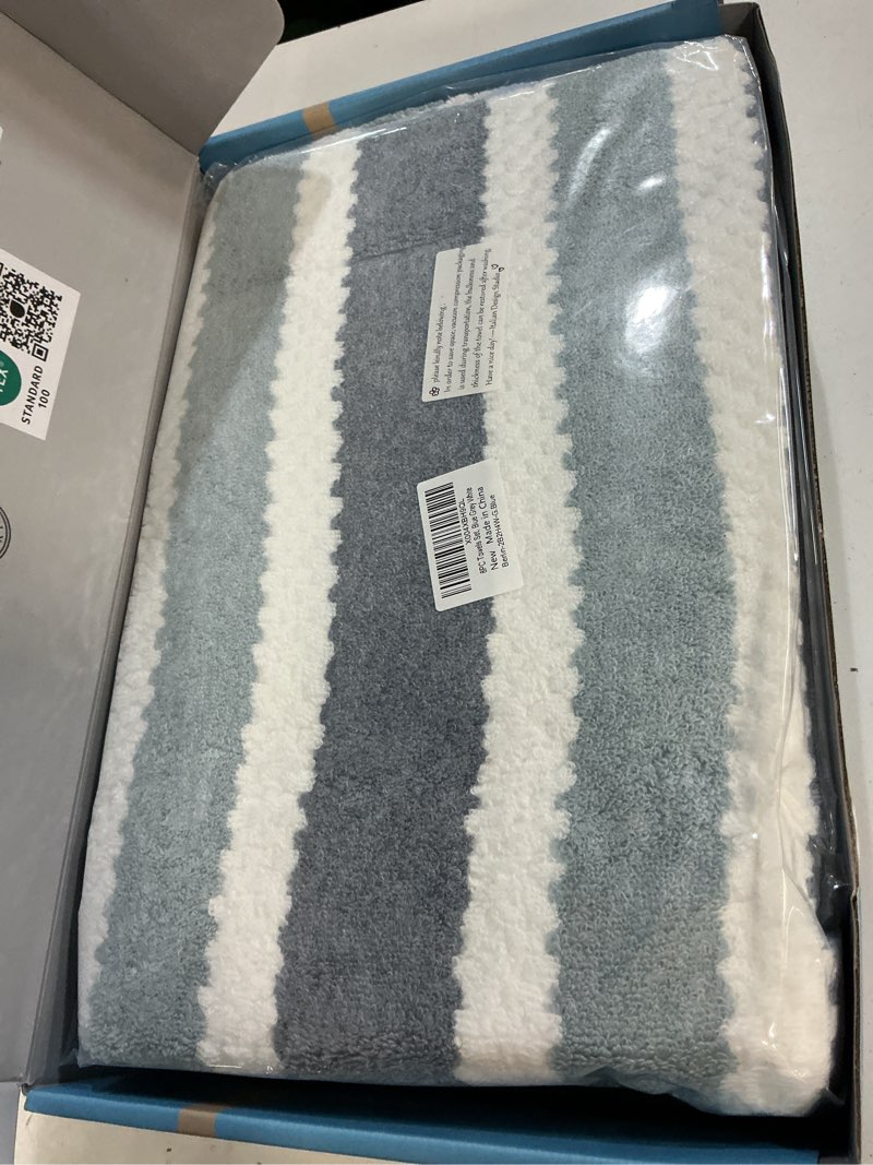 Condition photo showing New/Like New for waffle towels for bathroom - quick dry | thick | lightweight | 500gsm, 2bath 28"x52", 2hand 16"x27", 4wash 13"x13", cotton polyester blend towels with hanging loops, blue gray stripe and white 8 pcs towel set blue-gray and white