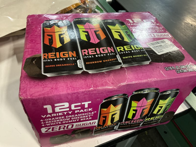 Condition photo showing New/Like New for REIGN Total Body Fuel Variety Pack, Orange Dreamsicle, Reignbow Sherbet, White Gummy Bear, Fitness & Performance Drink, 16 Fl Oz (Pack of 12)