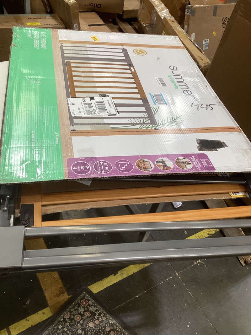 Condition photo showing Good Condition for summer infant west end extra wide safety pet and baby gate, 36"-60" wide, 30" tall, pressure or hardware mounted, install wall to wall in doorway, auto close walk-thru door - oak wood and metal oak wood & slate