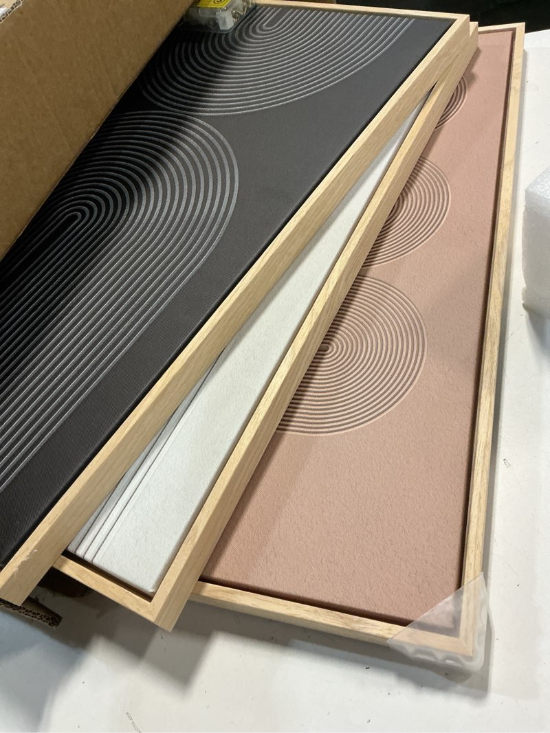 Condition photo showing Good Condition for 3d textured framed boho neutral abstract wall art, 3 piece modern artwork for walls, black white brown minimalist geometric paintings for living room, dining room, bedroom wall decor 16x24 in 16" w x 24" h x 3pcs monochrome
