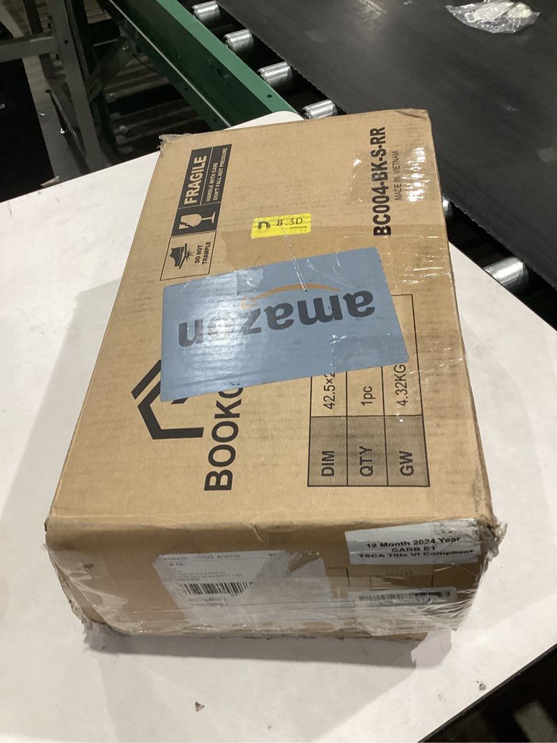 Condition photo showing Good Condition for Rolanstar Bookshelf with Drawer, 4 Shelf Tree Bookshelf, Wooden Bookshelves Storage Rack for CDs/Movies/Books, Black Bookcase, Utility Organizer Shelves for Living Room, Bedroom 4 Tier Black