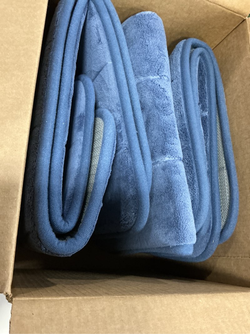 Condition photo showing Good Condition for Yimobra 3 Pieces Memory Foam Bath Mat Sets, 31.5 x 19.8 + 17x24 and U-Shaped for Bathroom Rugs, Toilet Mats, Non-Slip, Soft Comfortable, Water Absorption, Machine Washable, Denim Blue