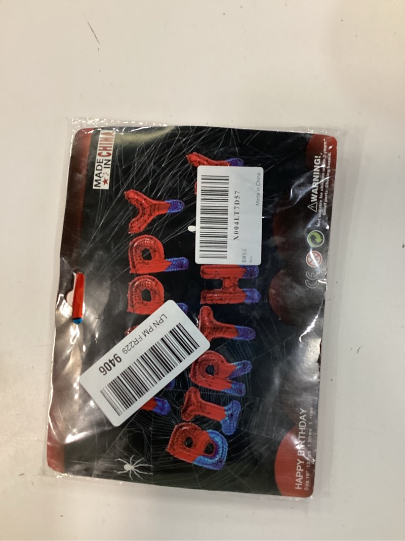 Condition photo showing New/Like New for spider theme happy birthday letter balloons banner, red and blue, party decoration
