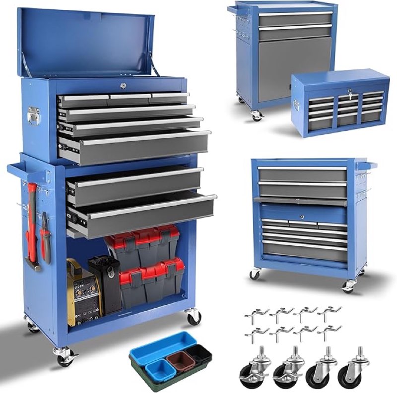Rolling Tool Chest with Wheels 8 Drawers, Assembled Tool Cabinet Combo with Drawers, Detachable Organizer Tool Chests, Mobile Lockable Tool Box for Workshop Mechanics Garage