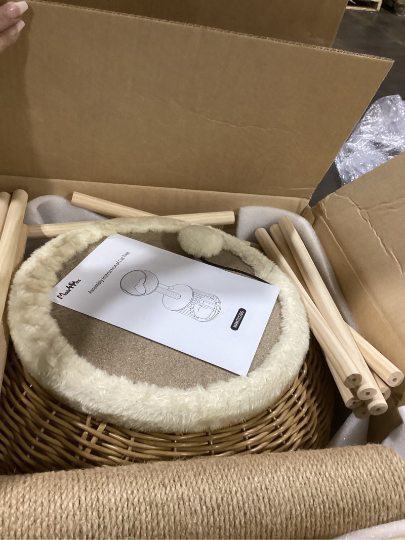 Condition photo showing Good Condition for Made4Pets PE Rattan Cat Tree Tower with Scratching Post, 18 inch Small Cat Tree for Kittens, Handwoven Wicker Basket Bed with Soft Cushion, Cozy Cat Bed, Self Groomer and Hanging Plush Ball Toy Beige 18"H