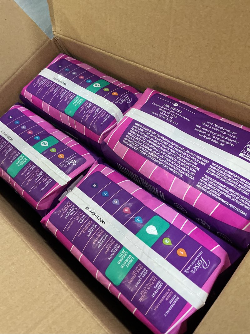 Condition photo showing New/Like New for poise incontinence pads & postpartum incontinence pads, 3 drop light absorbency, regular length, 120 count (4 packs of 30), packaging may vary regular 120
