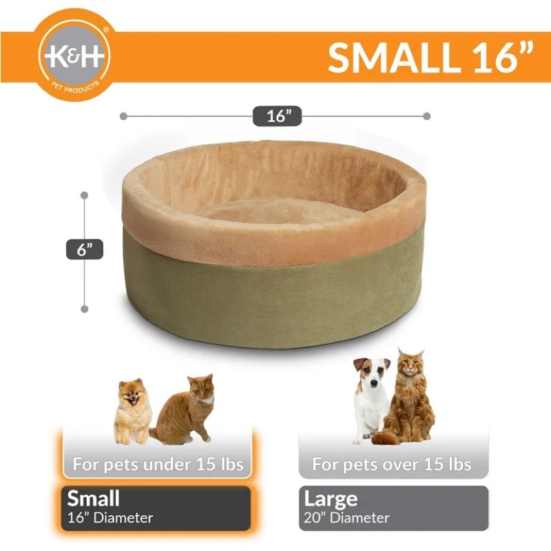 &H Pet Products Thermo-Kitty Bed Indoor Heated Cat Bed Sage/Tan Small 16 Inche