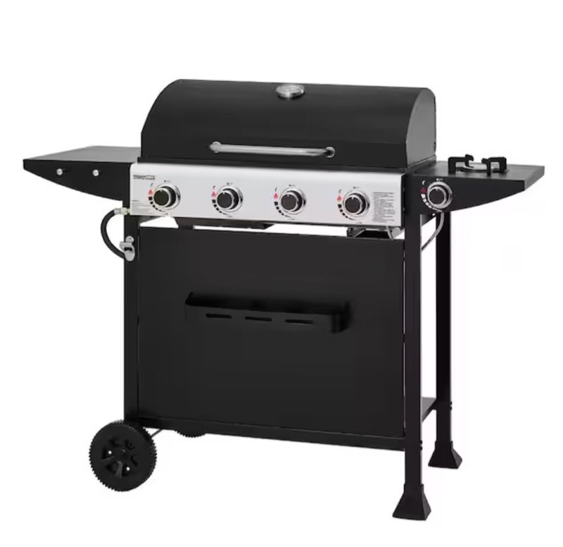 4-burner propane gas grill with side burner and hooks, 49,000 btu, 625 sq. in. cooking area, black, for outdoor