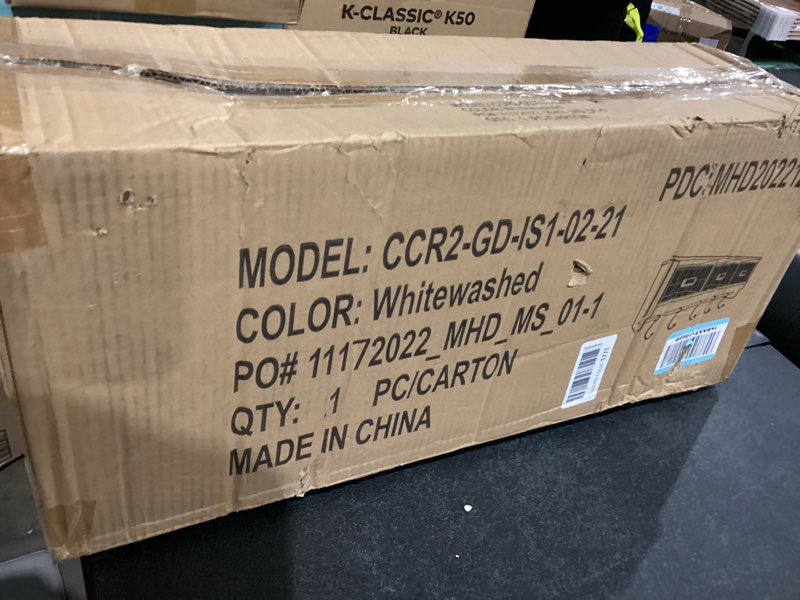 Condition photo showing New/Like New for HBCY Creations Wall Mounted Shelf with Coat Hooks and Baskets, Solid Wood Entryway Organizer Wall Shelf with Hooks - Hang Coats, Keys or Coffee Mugs, Rustic Whitewashed 24" Wide Whitewashed 24 Inch