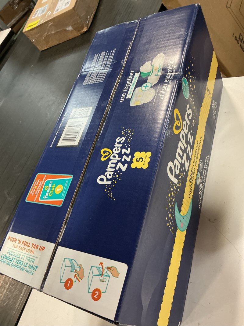 Condition photo showing New/Like New for pampers zzz overnight diapers, size 5 (27+ lbs), 88 count, nighttime protection disposable baby diaper, night time leak and skin protection size 5 88