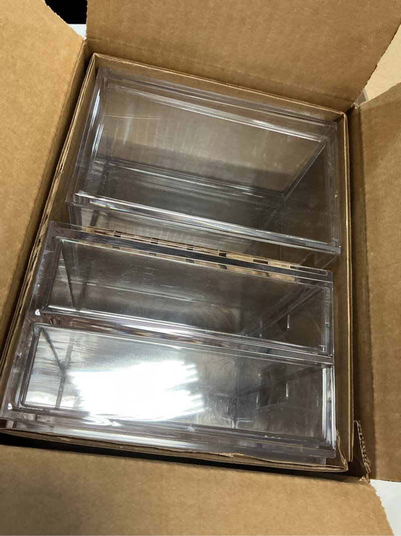 Condition photo showing As Is for stori chloe space-saving clear drawer organizer (4 drawer set) sort office, kitchen, beauty supplies, makeup, pens, jewelry, stationary, made in usa combo drawer set