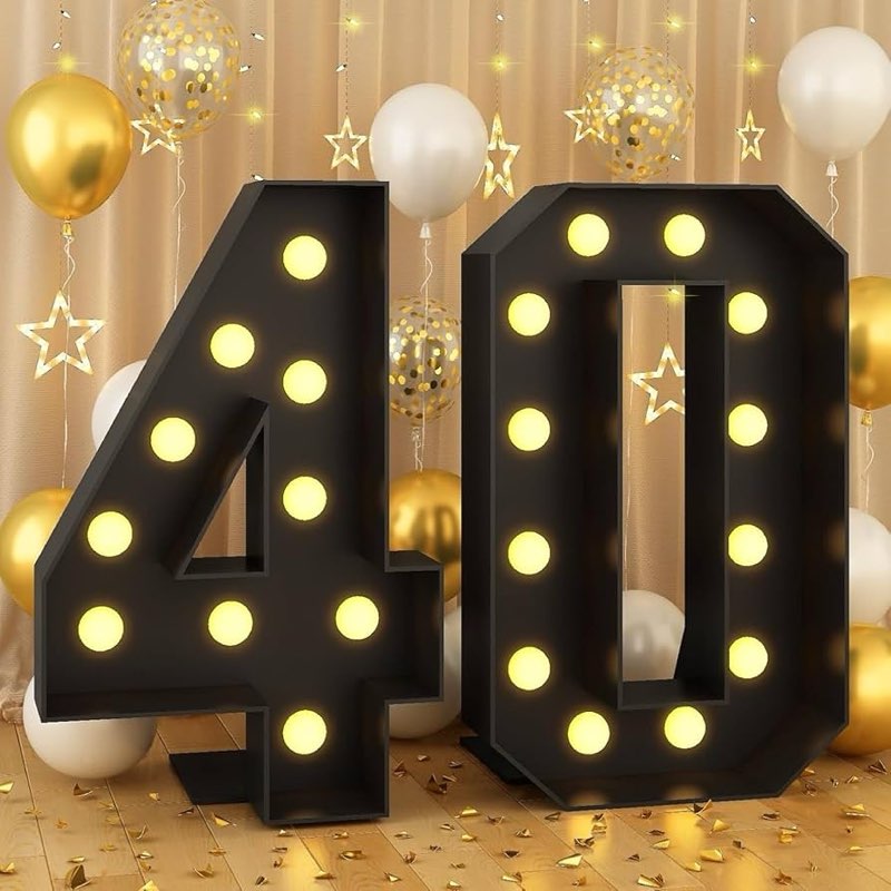4FT Marquee Light Up Numbers, Black Giant Marquee Number Big Mosaic Number for 40th Birthday Party D