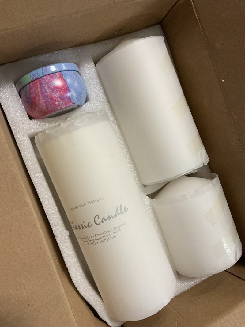 Condition photo showing New/Like New for set of 3 different sizes white pillar candles, dripless unscented 3x4 3x6 3x8 inch large cylinder column candles for home table decor power outage emergency