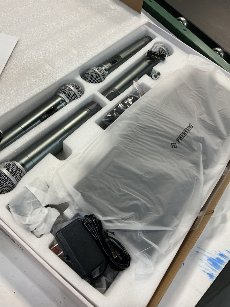 Condition photo showing Good Condition for phenyx pro wireless microphone system, metal wireless mic set with 4 cordless mics, 4x25 uhf adjustable frequencies, 200ft range, dynamic microphones for singing, karaoke, church, dj (ptu-5200-4h)