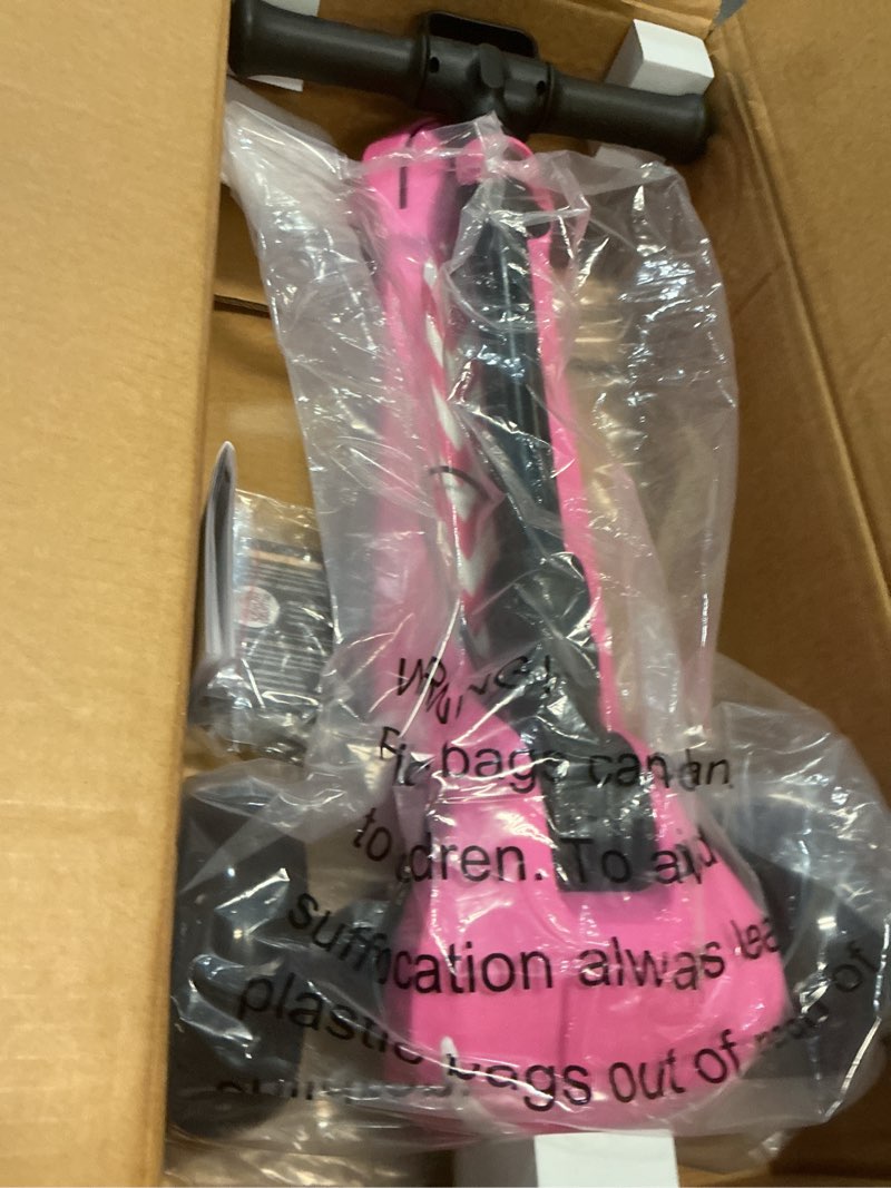 Condition photo showing New/Like New for electric scooter for kids ages 3-12, full body lights up, wide deck, 3 adjustable heights, 5mph safe speed, 90min riding, foldable 3 wheel electric scooter for kids boys girls toddler pink + pull handle